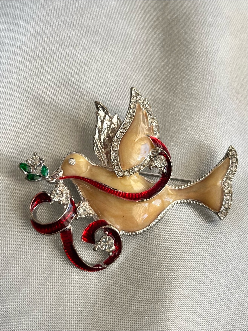 Elegant Dove Bird Brooch in Cream, Red & Green - Fashion Jewelry
